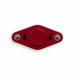 A red fidget spinner with two switches and a central button, featuring shiny silver ends and a smooth surface.
