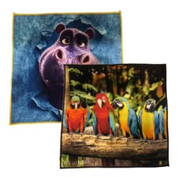 A Face Washer featuring a blue and purple hippo design on one side and colourful parrots on the other, with a logo.