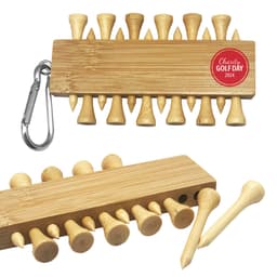 A bamboo golf tee set with a carabiner, featuring a collection of natural wood tees in a compact holder.