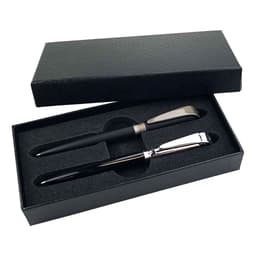 A black metal pen gift set featuring two pens, presented in a sleek black box with a textured finish.
