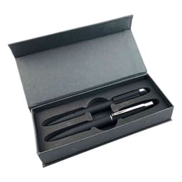 A black pen set in a grey gift box with an insert to hold the pens securely. The box has a lid.