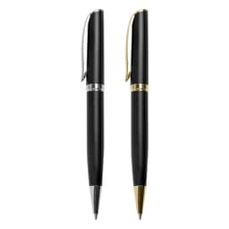 A set of two metal pens in black with silver and gold accents, featuring sleek designs and clips.