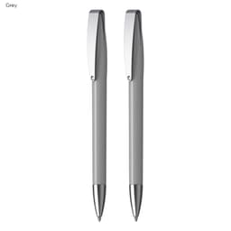 A gift set featuring two grey metallic pens with sleek silver accents and a branding logo.