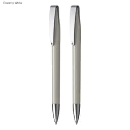 A set of two creamy white plastic pens with metallic accents and a branding logo on the clip.