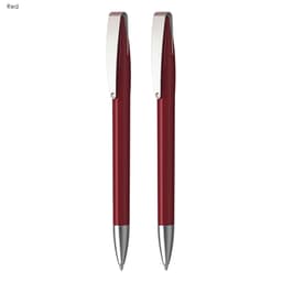 A set of two metallic red plastic pens with silver accents and a logo visible.