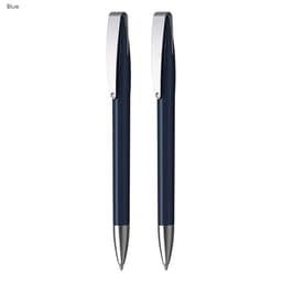 A set of two blue plastic pens with metallic accents, featuring clips and a logo.