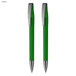 A green pen with a glossy finish and a silver clip, featuring two pens in the set.