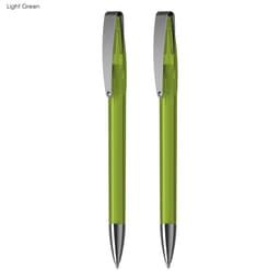 A set of two light green pens with silver clips, featuring a smooth, transparent design and pointed tips.