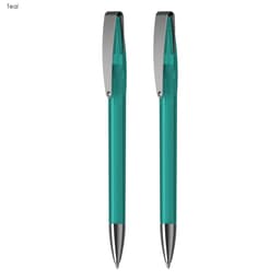 A teal pen set featuring two matching pens with silver accents and clips, presented in a gift set.