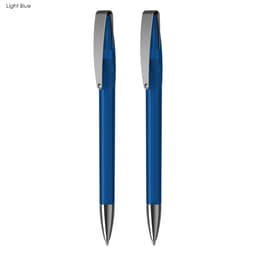 A light blue pen gift set featuring two pens with silver accents, presented in a sleek design.