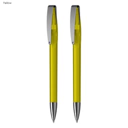 A set of two yellow pens with silver accents, featuring a sleek design and a clip.