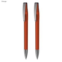 A set of two orange pens with silver accents and clips. Includes branding details.