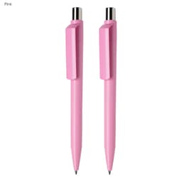 A set of two pink pens with a sleek design and silver accents, featuring a logo.