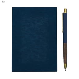 A blue notebook with a textured cover and a matching pen with a gold accent, featuring a logo.