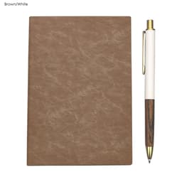 A brown notebook with a textured cover and a white pen with a wooden design, featuring a logo.