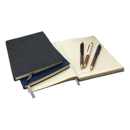 A set of two notebooks in dark blue and black, accompanied by three pens with wooden and metallic accents.