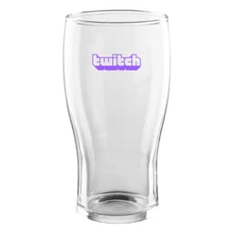 A clear glass beer glass with a curved shape and a purple logo printed on the front.