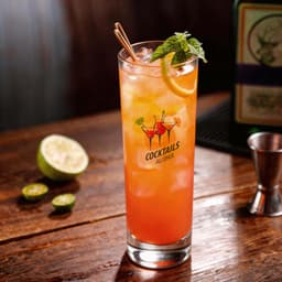 A glass tumbler filled with a colourful cocktail, garnished with mint and a lemon slice, on a wooden surface.