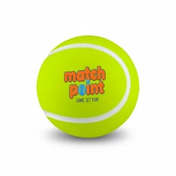 A bright yellow tennis ball with white seams and a logo on the surface.