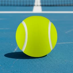 A bright yellow tennis ball sits on a blue court, featuring white stripes and a smooth texture.
