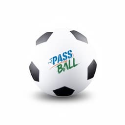 A white high bounce soccer ball with black patches and a logo featuring the words "PASS THE BALL."
