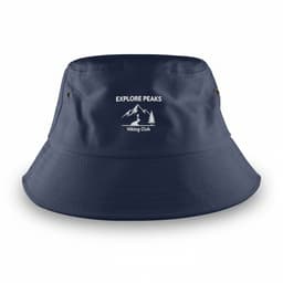 A navy blue bucket hat with a logo featuring mountains and the text "EXPLORE PEAKS Hiking Club."