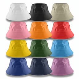 A collection of bucket hats in various colours: white, black, beige, pink, orange, red, yellow, green, blue, and purple. Each hat has a logo.
