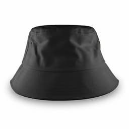 A black bucket hat with a wide brim and ventilation holes, featuring branding on the side.
