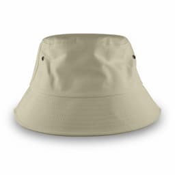 A beige bucket hat with ventilation eyelets and a wide brim. It features a logo on one side.