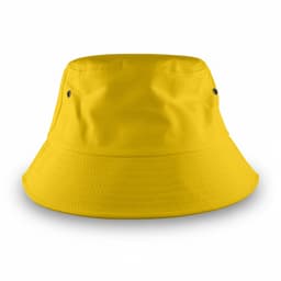 A yellow bucket hat with a wide brim and small ventilation holes, featuring a logo on the side.