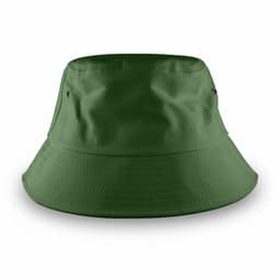 A green bucket hat with a wide brim and ventilation eyelets, featuring a simple design and soft fabric.