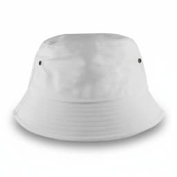 A white bucket hat featuring a simple, unembellished design and a small logo on the side.