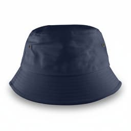 A navy blue bucket hat with a rounded crown and wide brim, featuring a logo.