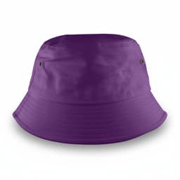 A purple bucket hat with a wide brim and metal eyelets for ventilation. It features a simple design and has a logo.