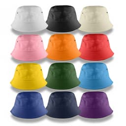 A collection of bucket hats in various colours, including black, pink, orange, green, and blue, with logo branding.