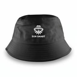 A black bucket hat featuring a logo. The hat has a wide brim and a casual design.