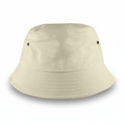 A medium, beige bucket hat featuring ventilation eyelets and a flat brim. It has a branding logo.