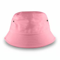 A pink bucket hat with a wide brim and ventilation holes. Features a branding logo on the exterior.