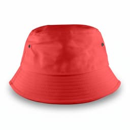 A medium-sized bucket hat in bright red with two side vents and a smooth finish. It features a logo on the exterior.