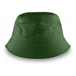 A green bucket hat with a wide brim and eyelets, Featuring a logo on the side.