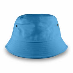 A blue bucket hat featuring a wide brim and small ventilation holes. It includes a discreet logo.