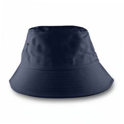 A navy blue bucket hat with a wide brim and a logo. Suitable for casual wear or outdoor activities.