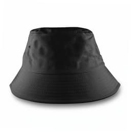 A black bucket hat with a wide brim, featuring a logo.