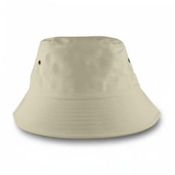 A beige bucket hat with a rounded crown and wide brim, featuring air vents on the sides.