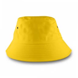 A yellow bucket hat with a wide brim and ventilation holes. It has a smooth texture and a simple design.