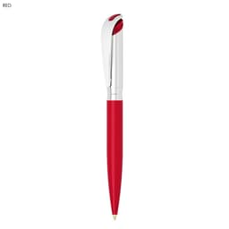 A red metal ballpoint pen with a silver clip and tip, featuring a sleek design and a logo.