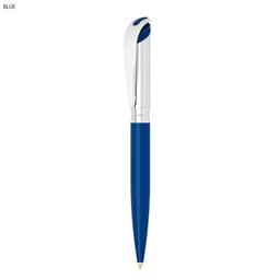 A blue metal ball pen with a sleek design and a silver clip. Features a branding logo on the body.