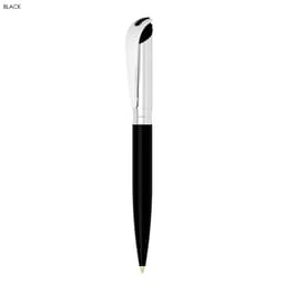 A black metal ball pen with a silver clip and trim. It features a sleek design and branding.