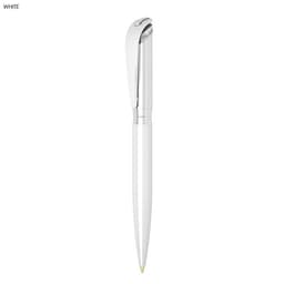A metal ballpoint pen in white with a sleek design and a silver clip, featuring a logo.