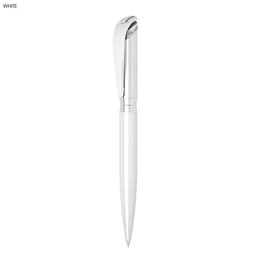 A white pencil with a glossy silver tip and clip, featuring a simple design and branding.